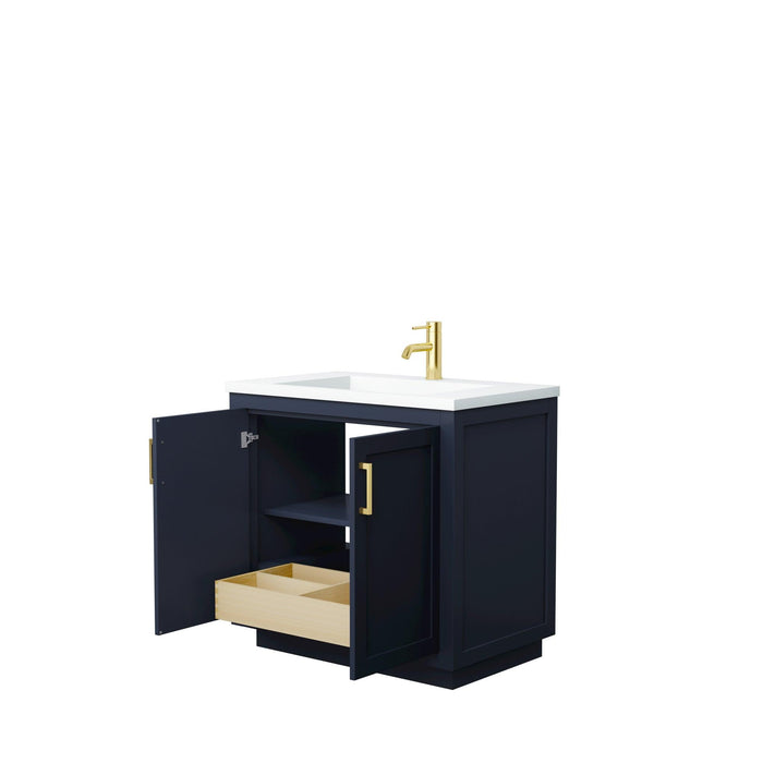 Wyndham Collection Miranda Single Bathroom Vanity in Dark Blue, 1.25 Inch Thick Matte White Solid Surface Countertop, Integrated Sink, Complementary Trim, Optional Mirror - Sea & Stone Bath