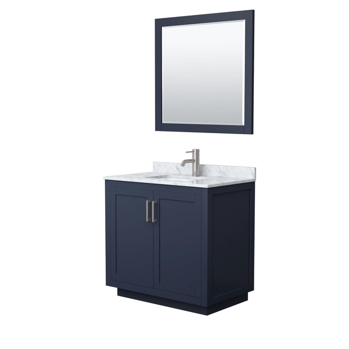 Wyndham Collection Miranda Single Bathroom Vanity in Dark Blue, White Carrara Marble Countertop, Undermount Square Sink, Complementary Trim, Optional Mirror - Sea & Stone Bath