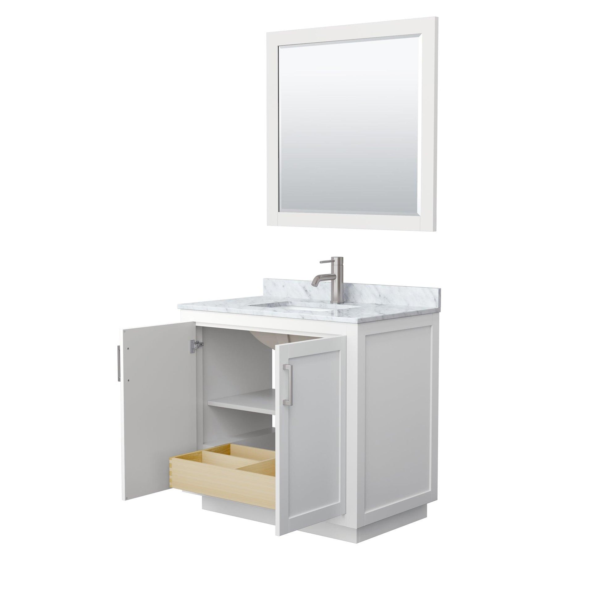 
  
  Wyndham Collection Miranda Single Bathroom Vanity in White, White Carrara Marble Countertop, Undermount Square Sink, Complementary Trim, Optional Mirror
  
