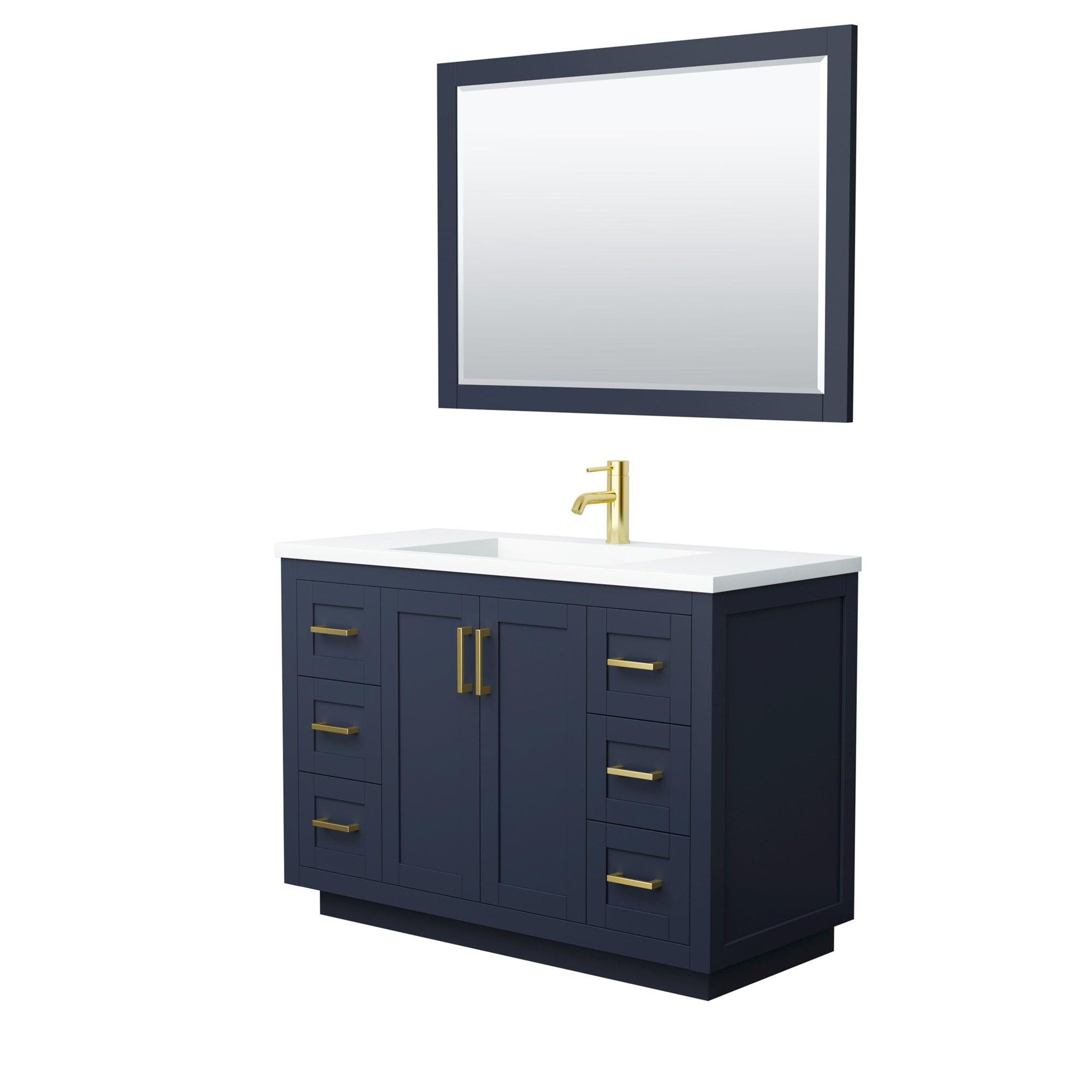 
  
  Wyndham Collection Miranda Single Bathroom Vanity in Dark Blue, 1.25 Inch Thick Matte White Solid Surface Countertop, Integrated Sink, Complementary Trim, Optional Mirror
  
