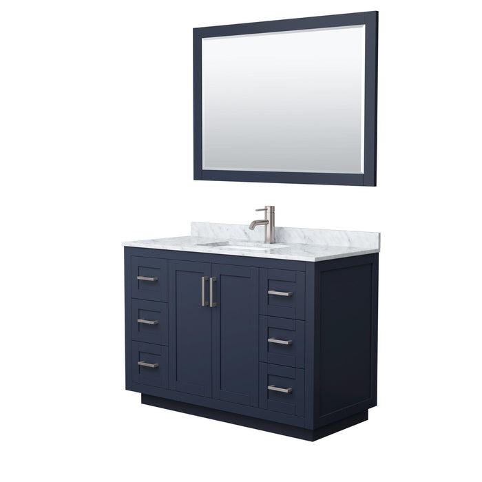 Wyndham Collection Miranda Single Bathroom Vanity in Dark Blue, White Carrara Marble Countertop, Undermount Square Sink, Complementary Trim, Optional Mirror - Sea & Stone Bath