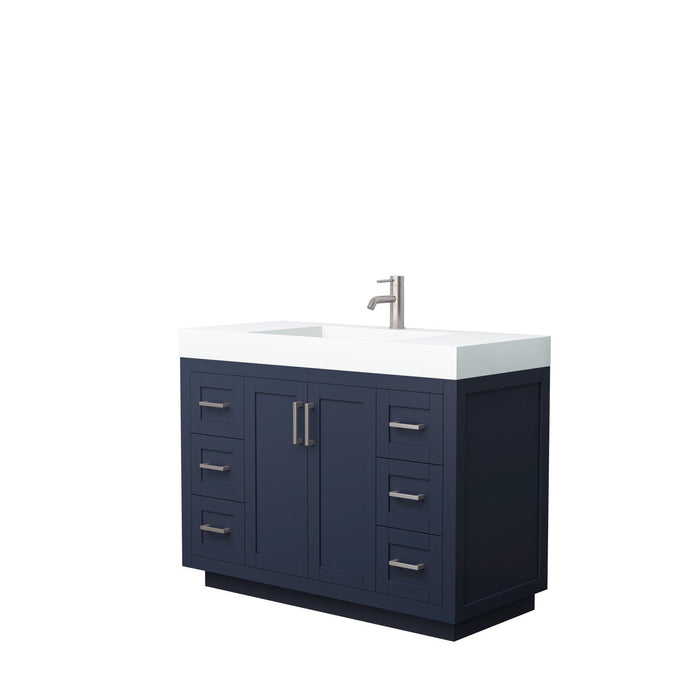Wyndham Collection Miranda Single Bathroom Vanity in Dark Blue, 4 Inch Thick Matte White Solid Surface Countertop, Integrated Sink, Complementary Trim, Optional Mirror - Sea & Stone Bath