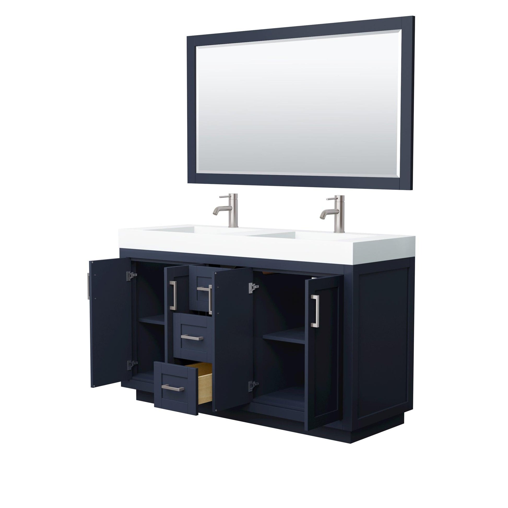 
  
  Wyndham Collection Miranda Double Bathroom Vanity in Dark Blue, 4 Inch Thick Matte White Solid Surface Countertop, Integrated Sinks, Complementary Trim, Optional Mirror
  
