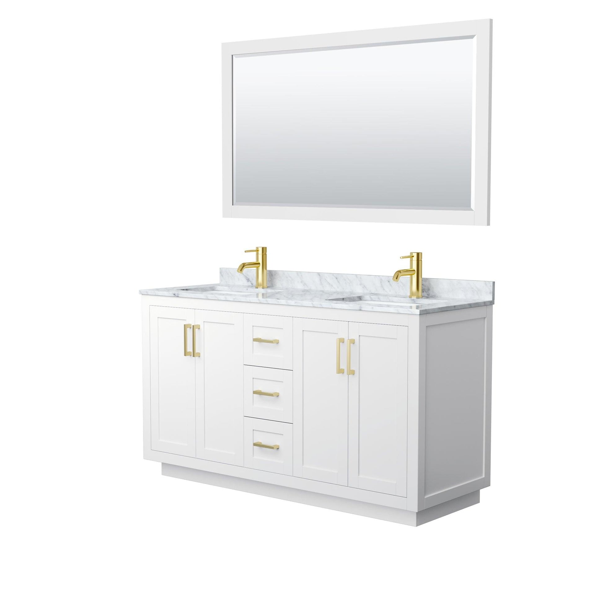 Wyndham Collection Miranda Double Bathroom Vanity in White, White Carrara Marble Countertop, Undermount Square Sinks, Complementary Trim, Optional Mirror - Sea & Stone Bath
