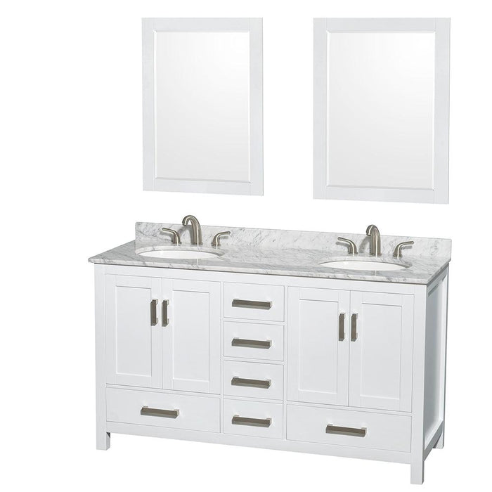 Wyndham Collection Sheffield Double Bathroom Vanity with White Carrara Marble Countertop, Undermount Oval Sinks, and Optional Mirror/Medicine Cabinet - Sea & Stone Bath