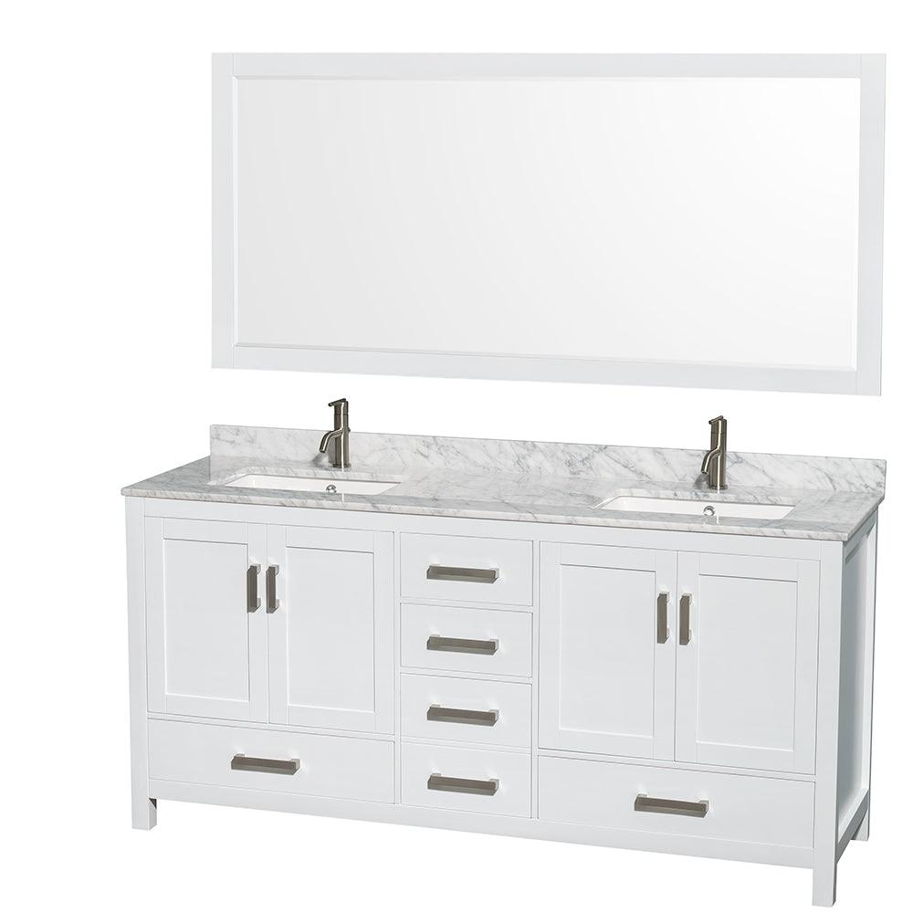 
  
  Wyndham Collection Sheffield Double Bathroom Vanity with White Carrara Marble Countertop, Undermount Square Sinks, and Optional Mirror/Medicine Cabinet
  
