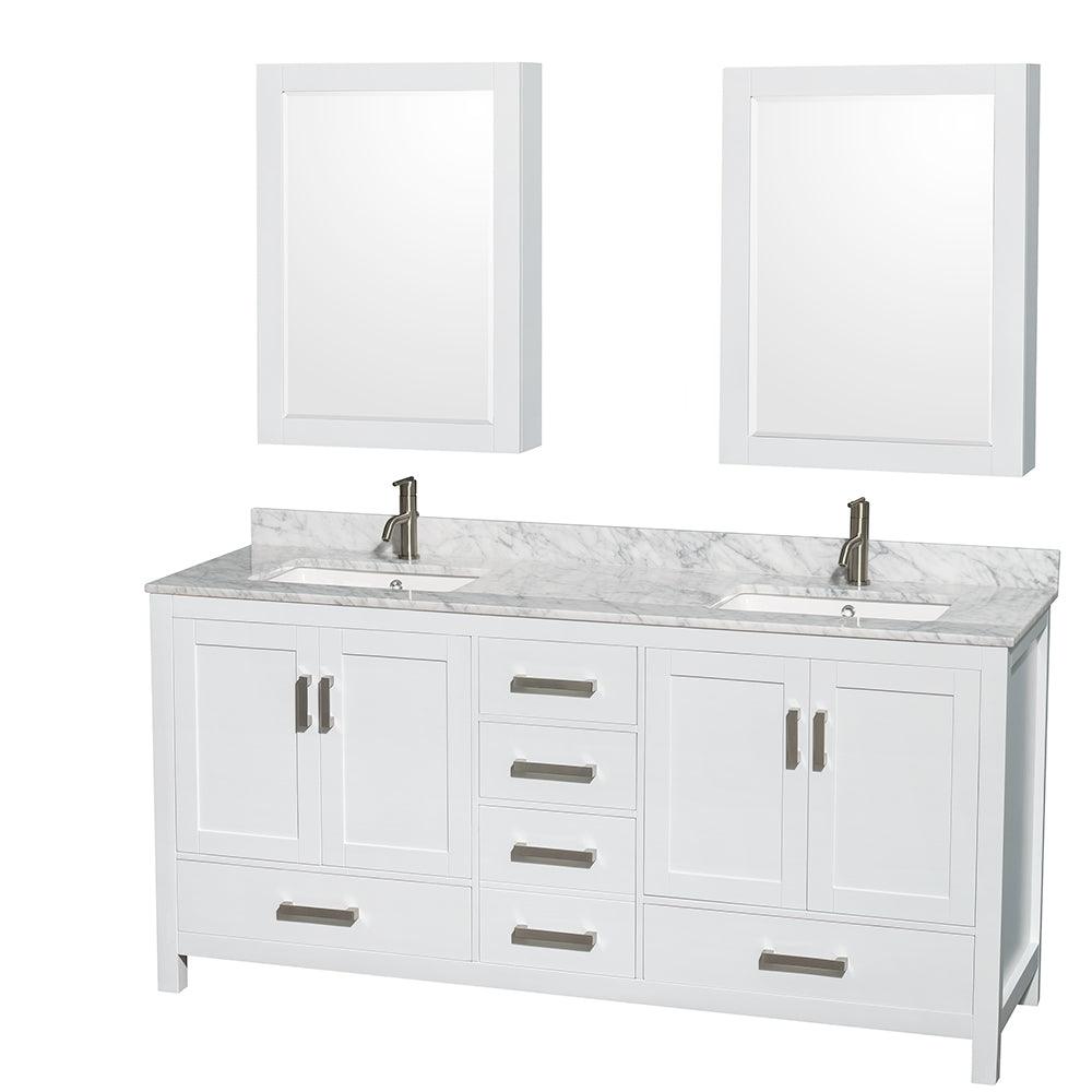 
  
  Wyndham Collection Sheffield Double Bathroom Vanity with White Carrara Marble Countertop, Undermount Square Sinks, and Optional Mirror/Medicine Cabinet
  
