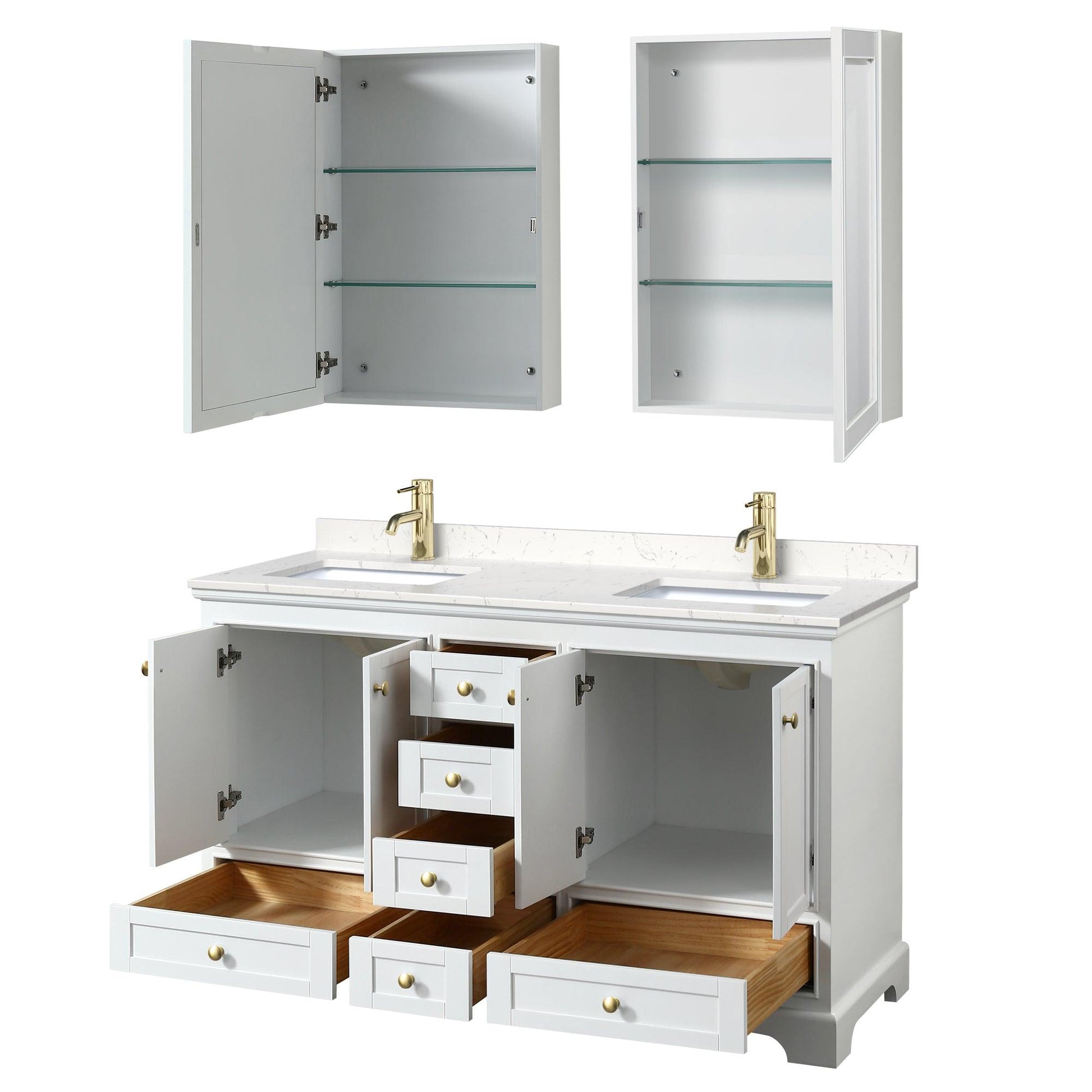 
  
  Wyndham Collection Deborah Double Bathroom Vanity in White, Carrara Cultured Marble Countertop, Undermount Square Sinks, Brushed Gold Trim, Optional 24 Inch Mirrors/Medicine Cabinets
  
