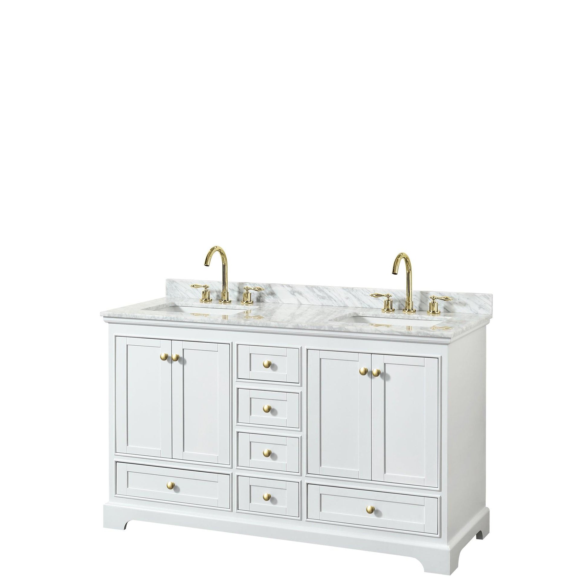 Wyndham Collection Deborah Double Bathroom Vanity in White, White Carrara Marble Countertop, Undermount Square Sinks, Brushed Gold Trim, Optional 24 Inch Mirrors/Medicine Cabinets - Sea & Stone Bath