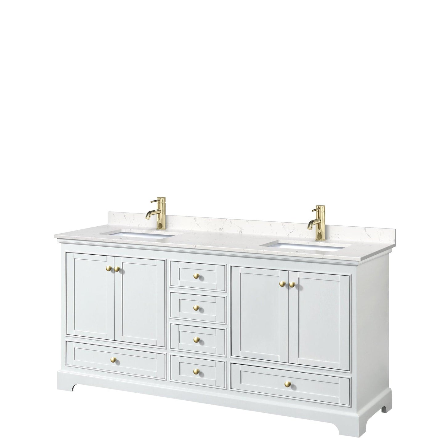 Wyndham Collection Deborah Double Bathroom Vanity in White, Carrara Cultured Marble Countertop, Undermount Square Sinks, Brushed Gold Trim, Optional 24 Inch Mirrors/Medicine Cabinets - Sea & Stone Bath