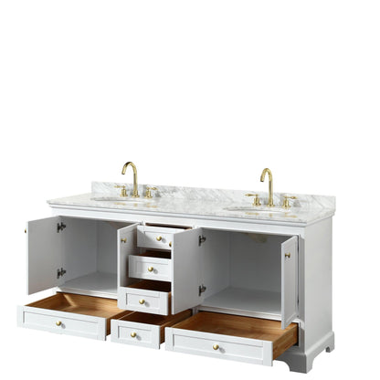 Wyndham Collection Deborah Double Bathroom Vanity in White, White Carrara Marble Countertop, Undermount Oval Sinks, Brushed Gold Trim, Optional 24 Inch Mirrors/Medicine Cabinets - Sea & Stone Bath
