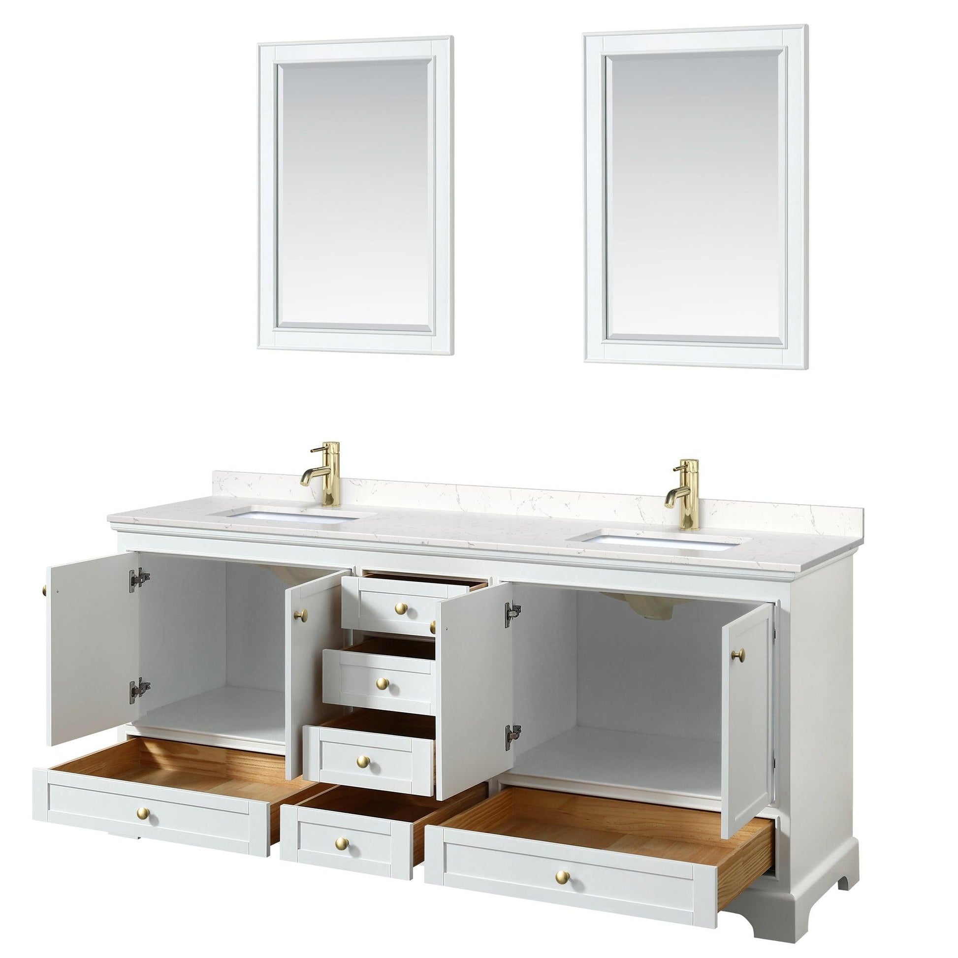 
  
  Wyndham Collection Deborah Double Bathroom Vanity in White, Carrara Cultured Marble Countertop, Undermount Square Sinks, Brushed Gold Trim, Optional 24 Inch Mirrors/Medicine Cabinets
  

