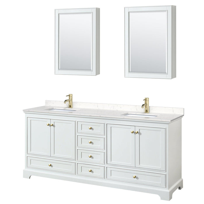 Wyndham Collection Deborah Double Bathroom Vanity in White, Carrara Cultured Marble Countertop, Undermount Square Sinks, Brushed Gold Trim, Optional 24 Inch Mirrors/Medicine Cabinets - Sea & Stone Bath