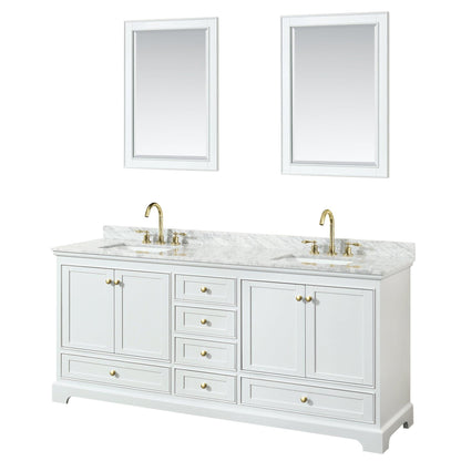 Wyndham Collection Deborah Double Bathroom Vanity in White, White Carrara Marble Countertop, Undermount Square Sinks, Brushed Gold Trim, Optional 24 Inch Mirrors/Medicine Cabinets - Sea & Stone Bath