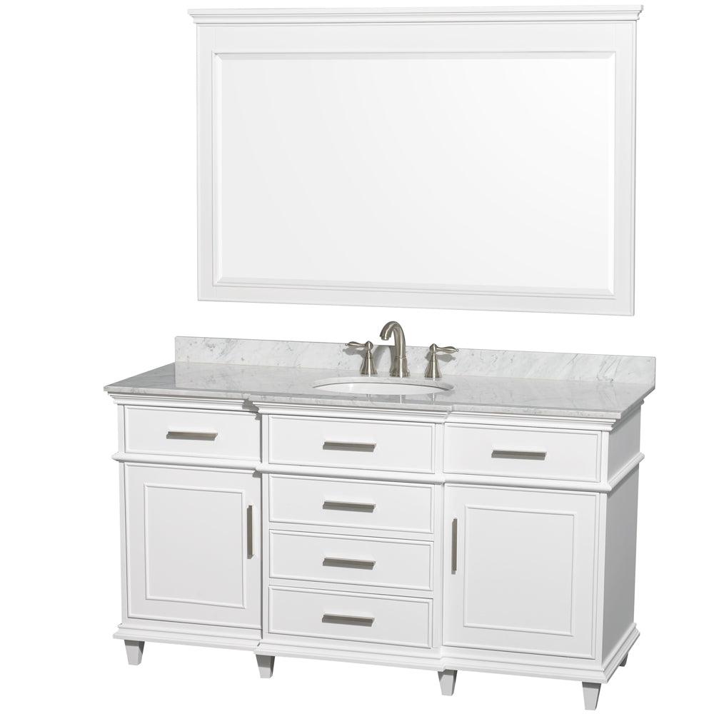 Wyndham Collection Berkeley 60" Single Bathroom Vanity in White with White Carrara Marble Top with White Undermount Oval Sink and Optional Mirror - Sea & Stone Bath
