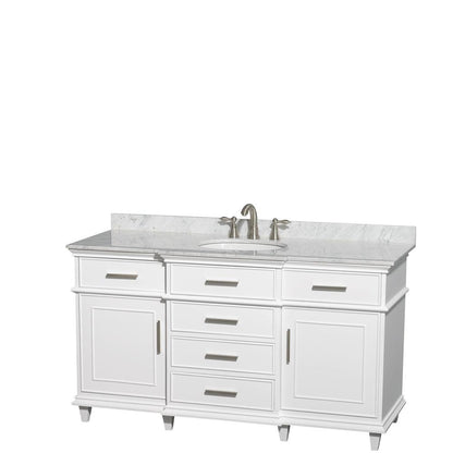 Wyndham Collection Berkeley 60" Single Bathroom Vanity in White with White Carrara Marble Top with White Undermount Oval Sink and Optional Mirror - Sea & Stone Bath