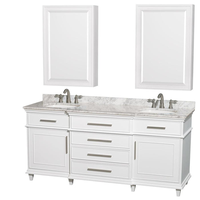 Wyndham Collection Berkeley Double Bathroom Vanity in White, White Carrara Marble Countertop, Undermount Round Sinks, 24 Inch Medicine Cabinets - Sea & Stone Bath