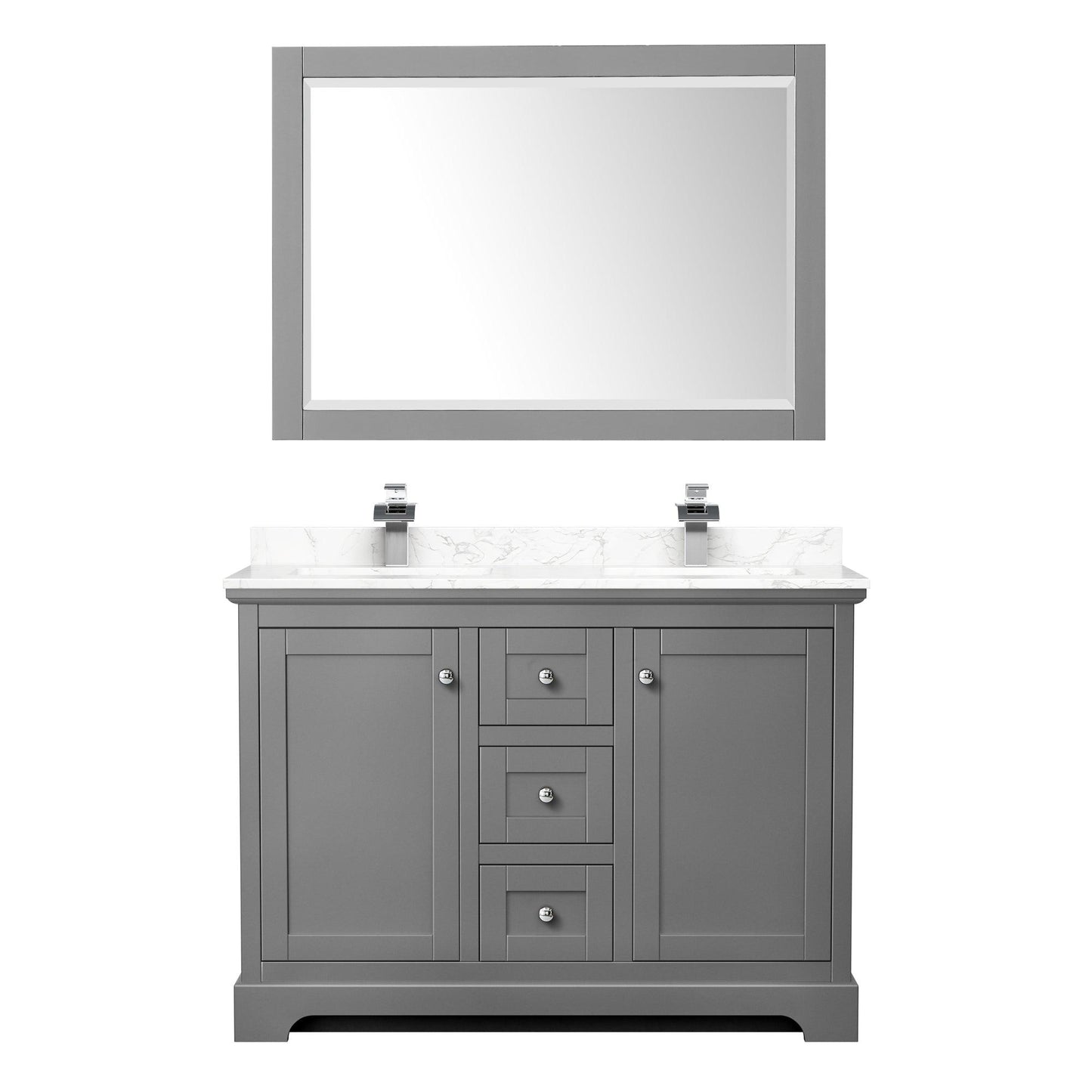 Wyndham Collection Avery 48 Inch Double Bathroom Vanity with Dark-Vein Carrara Cultured Marble Countertop, Undermount Square Sinks, Optional Mirror - Sea & Stone Bath