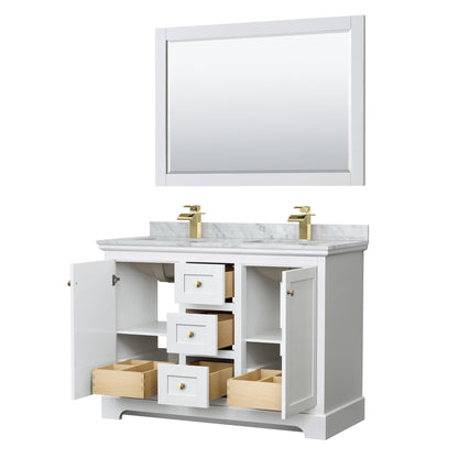 Wyndham Collection Avery Double Bathroom Vanity in White, White Carrara Marble Countertop, Undermount Square Sinks, Optional Mirror, Brushed Gold Trim - Sea & Stone Bath