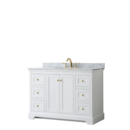 Wyndham Collection Avery Single Bathroom Vanity in White, White Carrara Marble Countertop, Undermount Oval Sink, Optional Mirror, Brushed Gold Trim - Sea & Stone Bath