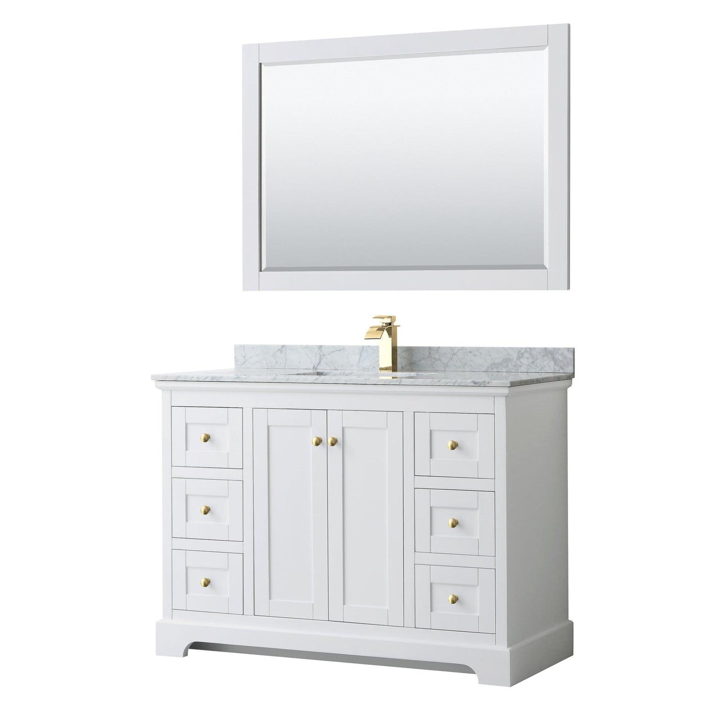 Wyndham Collection Avery Single Bathroom Vanity in White, White Carrara Marble Countertop, Undermount Square Sink, Optional Mirror, Brushed Gold Trim - Sea & Stone Bath