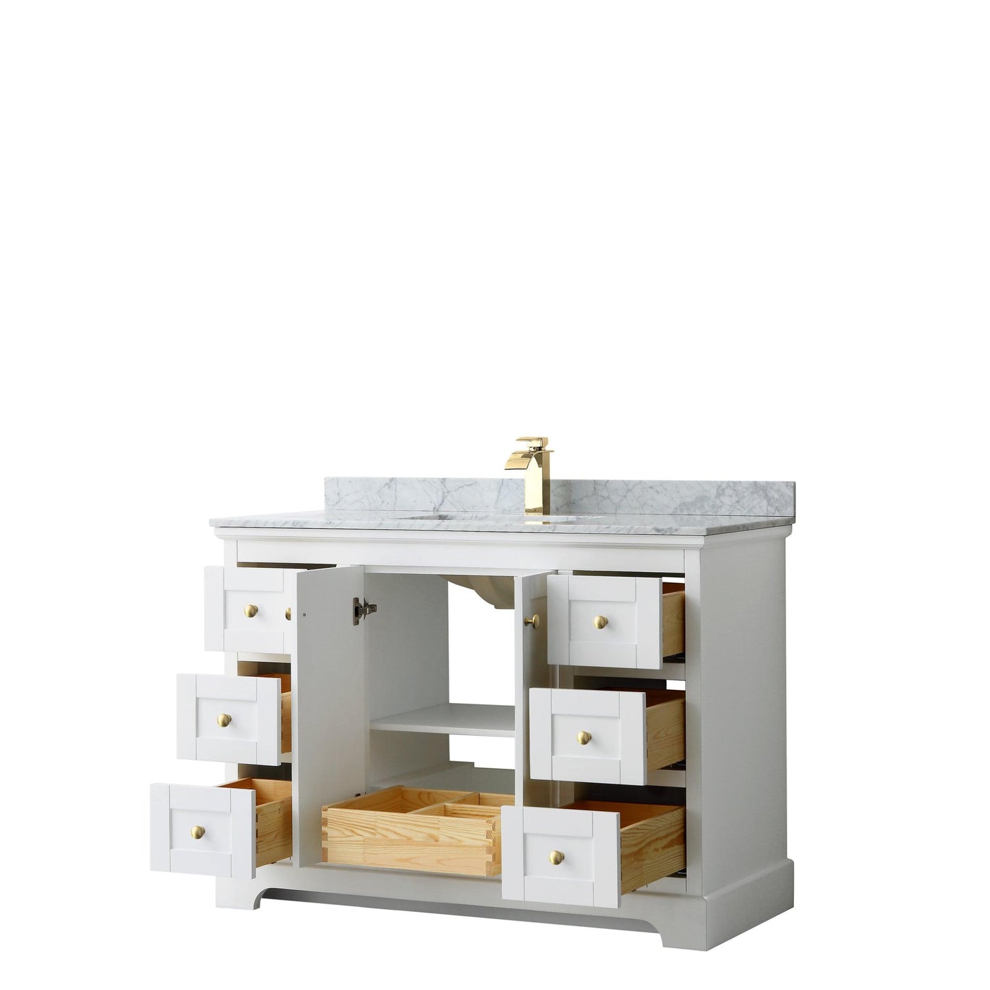 Wyndham Collection Avery Single Bathroom Vanity in White, White Carrara Marble Countertop, Undermount Square Sink, Optional Mirror, Brushed Gold Trim - Sea & Stone Bath
