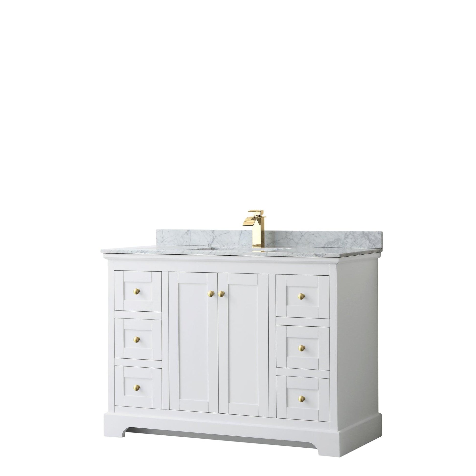 
  
  Wyndham Collection Avery Single Bathroom Vanity in White, White Carrara Marble Countertop, Undermount Square Sink, Optional Mirror, Brushed Gold Trim
  
