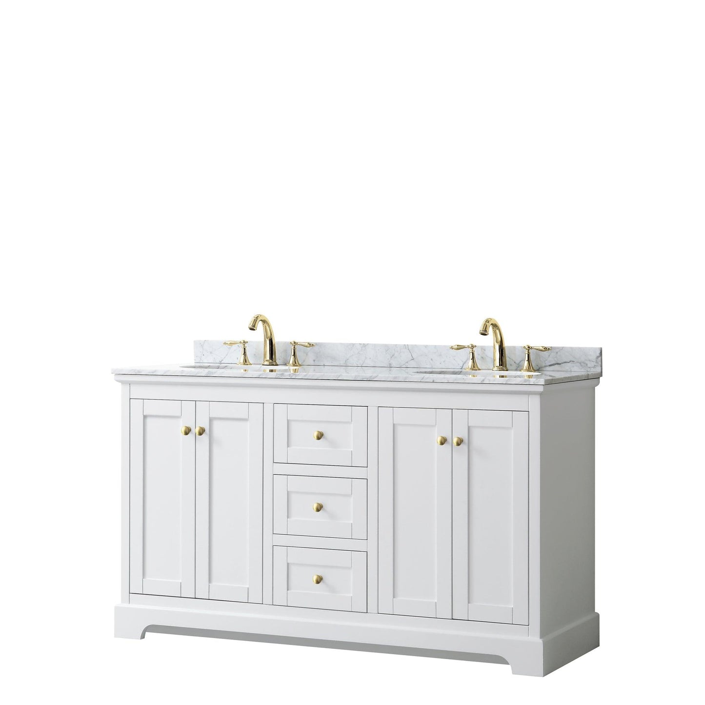 Wyndham Collection Avery Double Bathroom Vanity in White, White Carrara Marble Countertop, Undermount Oval Sinks, Optional Mirror, Brushed Gold Trim - Sea & Stone Bath