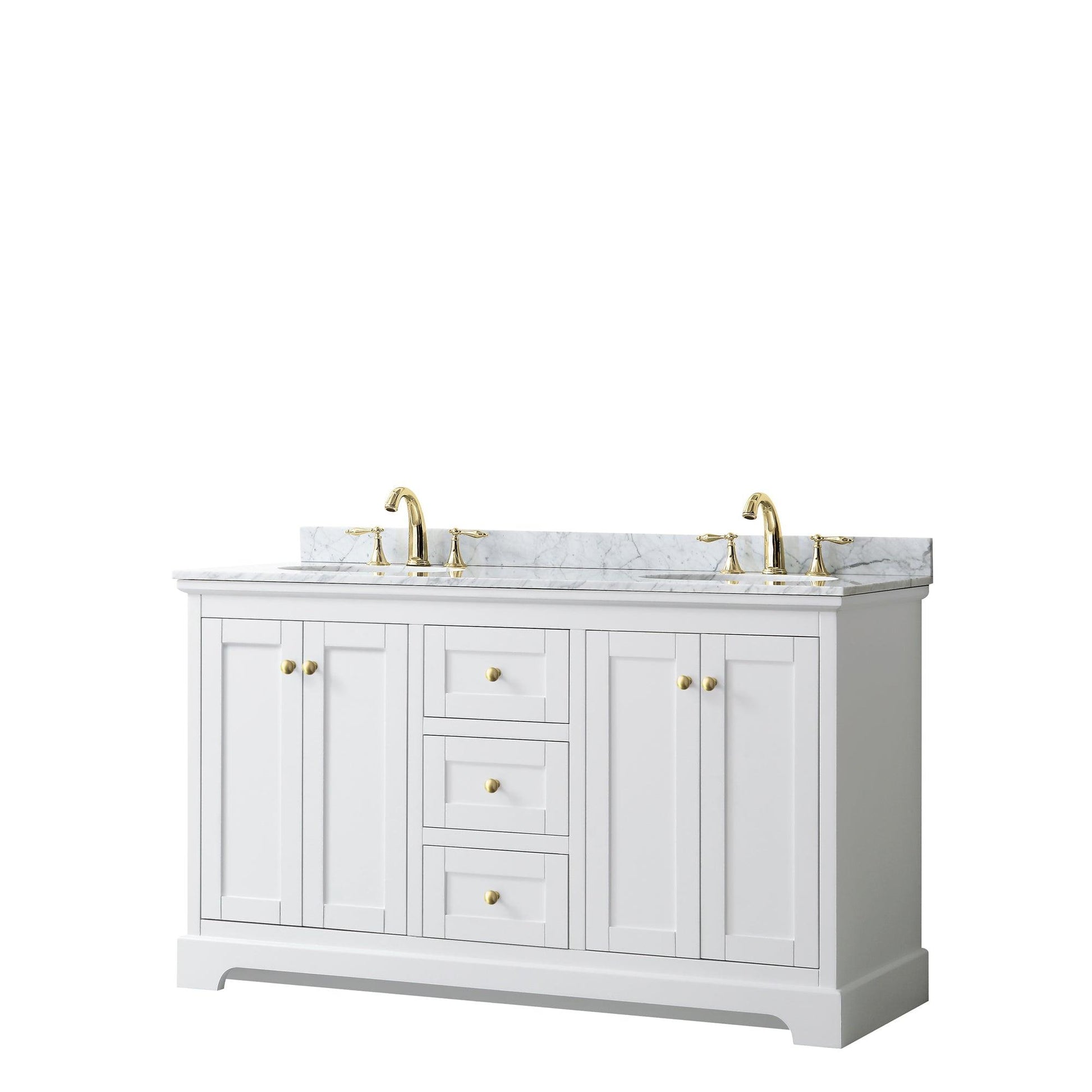 
  
  Wyndham Collection Avery Double Bathroom Vanity in White, White Carrara Marble Countertop, Undermount Oval Sinks, Optional Mirror, Brushed Gold Trim
  

