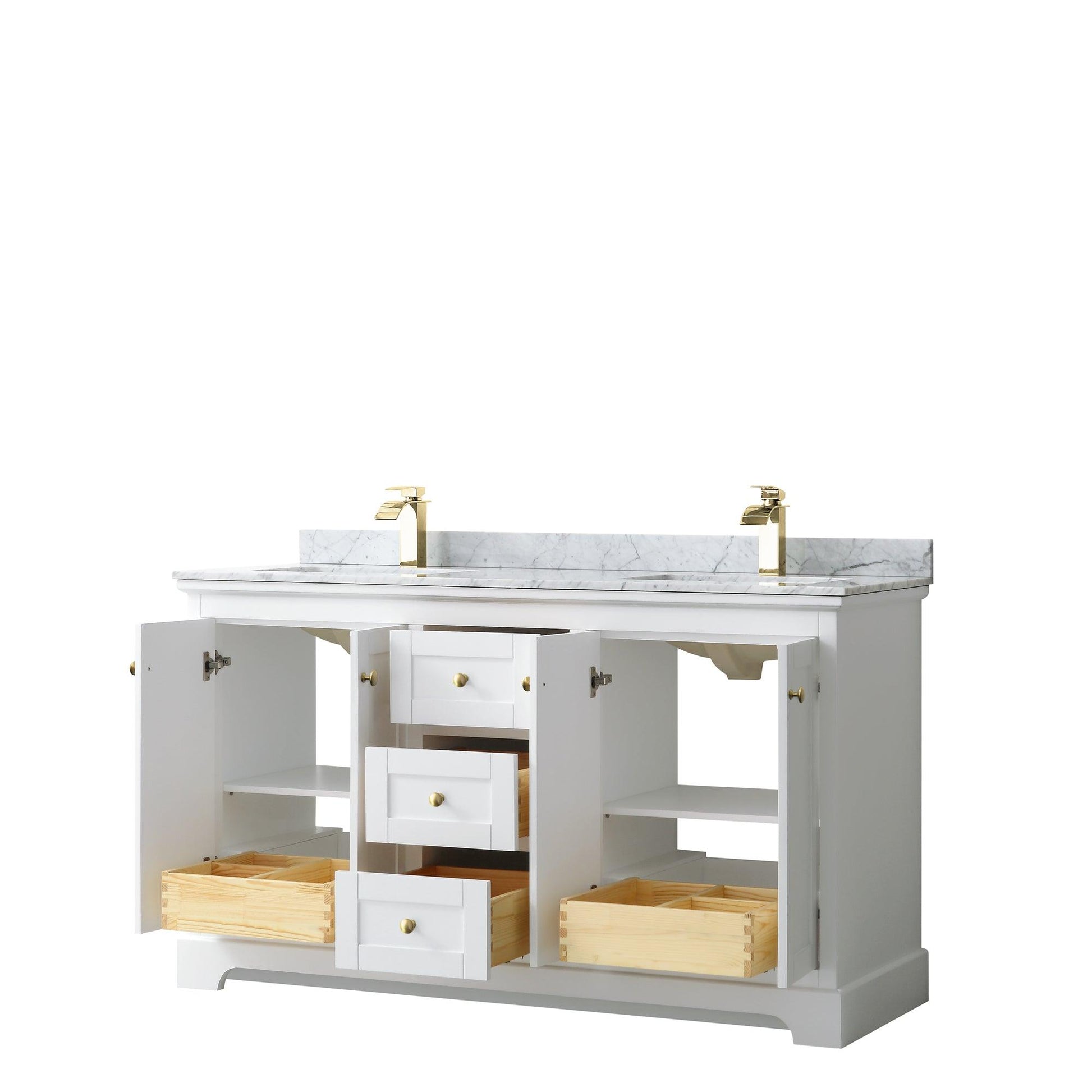 
  
  Wyndham Collection Avery Double Bathroom Vanity in White, White Carrara Marble Countertop, Undermount Square Sinks, Optional Mirror, Brushed Gold Trim
  
