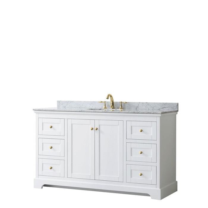 Wyndham Collection Avery Single Bathroom Vanity in White, White Carrara Marble Countertop, Undermount Oval Sink, Optional Mirror, Brushed Gold Trim - Sea & Stone Bath