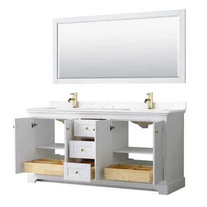 Wyndham Collection Avery Double Bathroom Vanity in White, Light-Vein Carrara Cultured Marble Countertop, Undermount Square Sinks, Optional Mirror, Brushed Gold Trim - Sea & Stone Bath