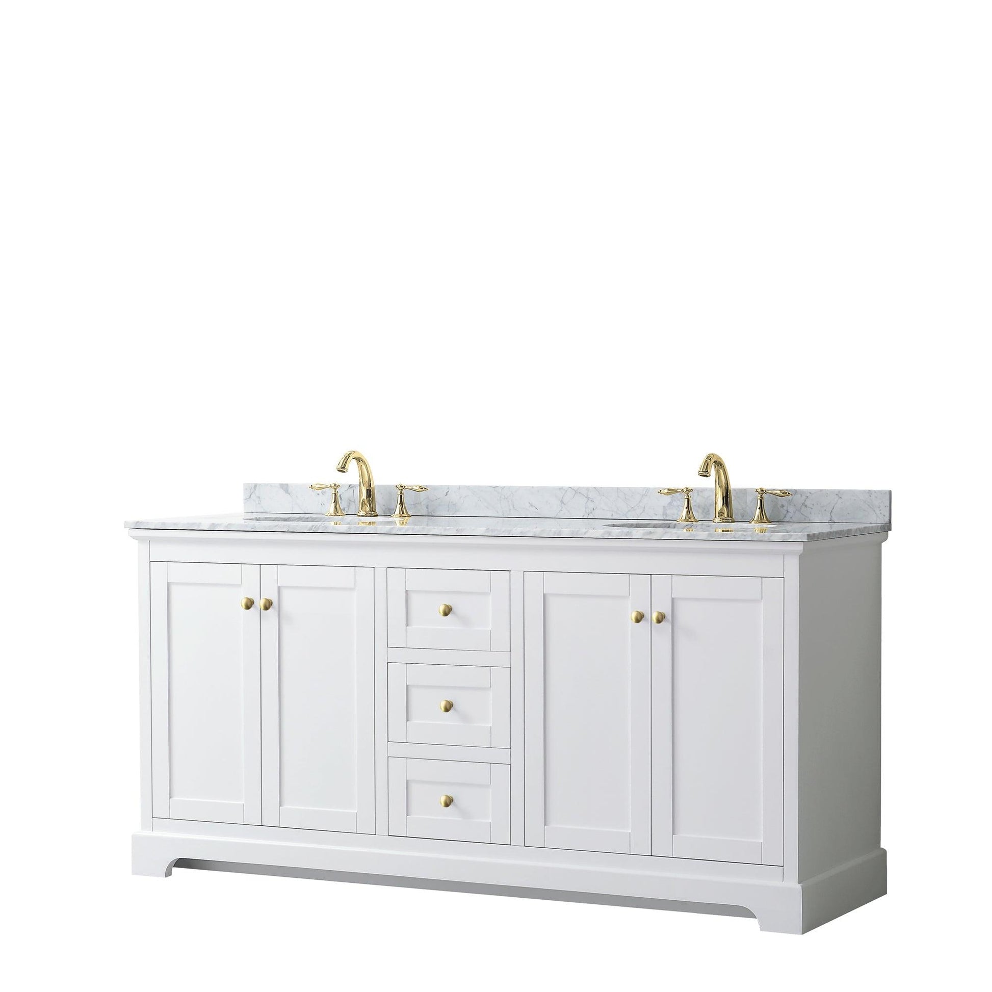 
  
  Wyndham Collection Avery Double Bathroom Vanity in White, White Carrara Marble Countertop, Undermount Oval Sinks, Optional Mirror, Brushed Gold Trim
  
