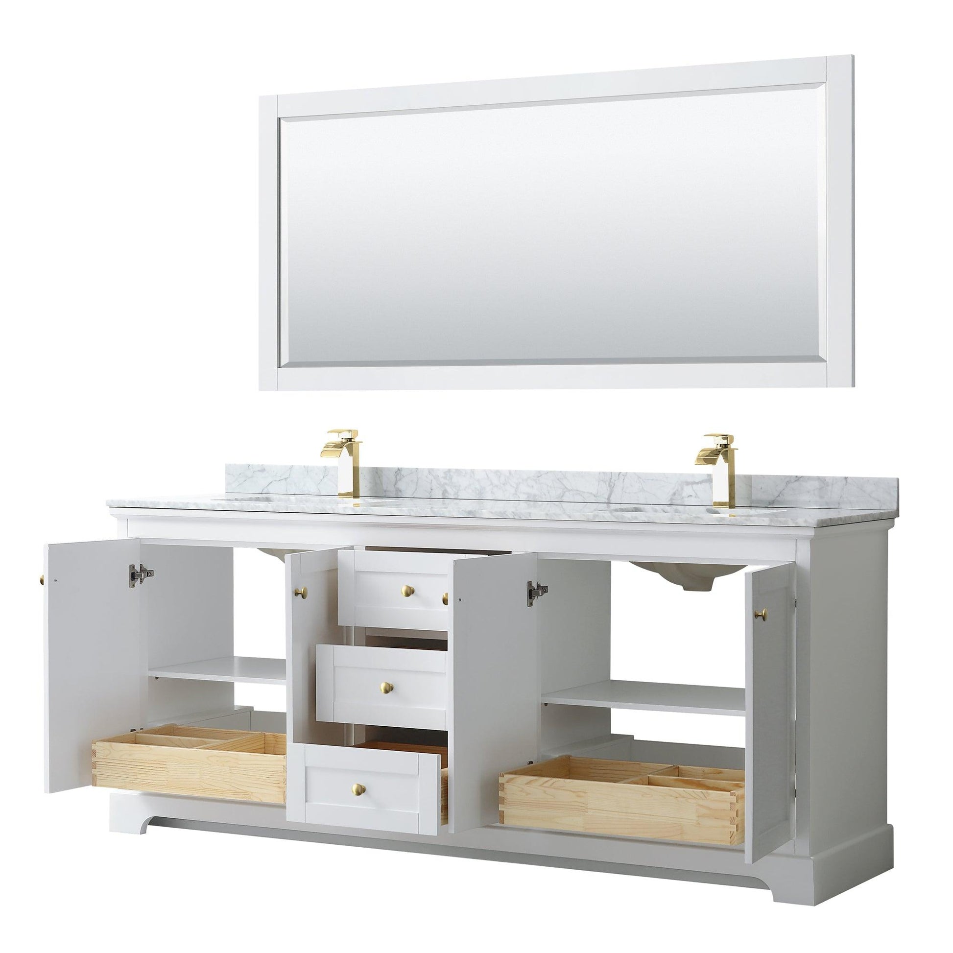 
  
  Wyndham Collection Avery Double Bathroom Vanity in White, White Carrara Marble Countertop, Undermount Square Sinks, Optional Mirror, Brushed Gold Trim
  
