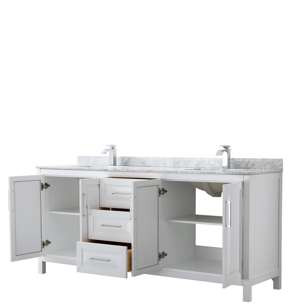 Wyndham Collection Daria Double Bathroom Vanity with White Carrara Marble Countertop, Undermount Square Sinks, and Optional Mirror/Medicine Cabinet
