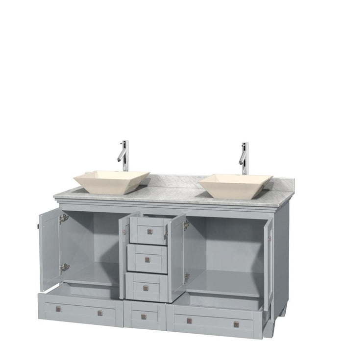 Wyndham Collection Acclaim Double Bathroom Vanity in Oyster Gray, White Carrara Marble Countertop, Pyra Bone Porcelain Sinks, and Optional Mirrors - Sea & Stone Bath