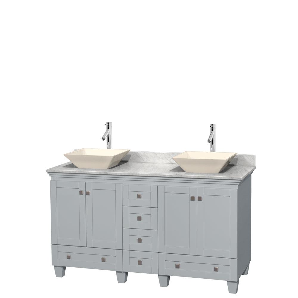 
  
  Wyndham Collection Acclaim Double Bathroom Vanity in Oyster Gray, White Carrara Marble Countertop, Pyra Bone Porcelain Sinks, and Optional Mirrors
  
