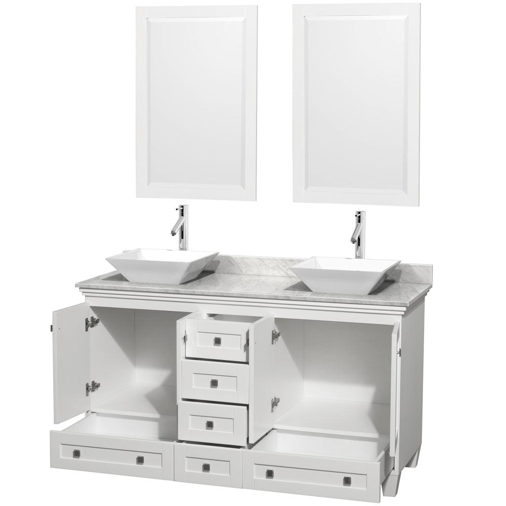 
  
  Wyndham Collection Acclaim Double Bathroom Vanity with White Carrara Marble Countertop, Pyra White Sinks, and Optional 24" Mirrors
  
