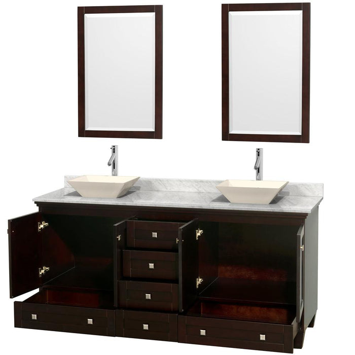 Wyndham Collection Acclaim Double Bathroom Vanity with White Carrara Marble Countertop, Pyra Bone Sinks, and Optional 24" Mirrors - Sea & Stone Bath