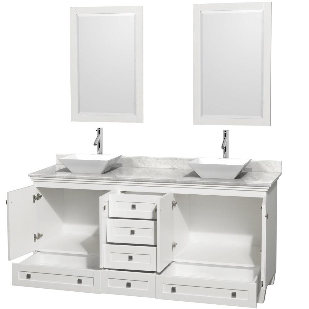 Wyndham Collection Acclaim Double Bathroom Vanity with White Carrara Marble Countertop, Pyra White Sinks, and Optional 24" Mirrors - Sea & Stone Bath