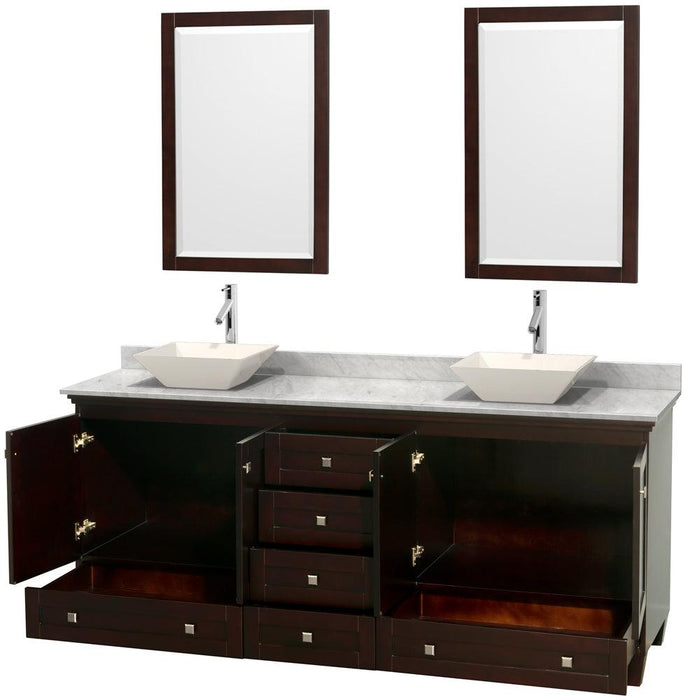 Wyndham Collection Acclaim 80" Double Bathroom Vanity with White Carrara Marble Countertop, Pyra Bone Porcelain Sinks, and Optional 24" Mirrors - Sea & Stone Bath