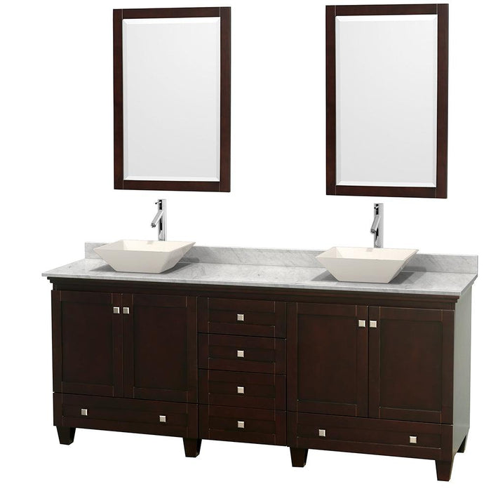Wyndham Collection Acclaim 80" Double Bathroom Vanity with White Carrara Marble Countertop, Pyra Bone Porcelain Sinks, and Optional 24" Mirrors - Sea & Stone Bath