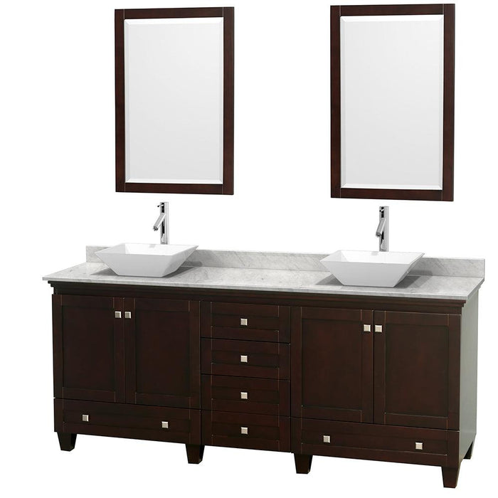 Wyndham Collection Acclaim 80" Double Bathroom Vanity with White Carrara Marble Countertop, Pyra White Porcelain Sinks, and Optional 24" Mirrors - Sea & Stone Bath