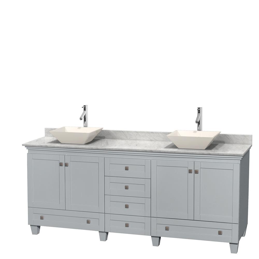 
  
  Wyndham Collection Acclaim Double Bathroom Vanity in Oyster Gray, White Carrara Marble Countertop, Pyra Bone Porcelain Sinks, and Optional Mirrors
  
