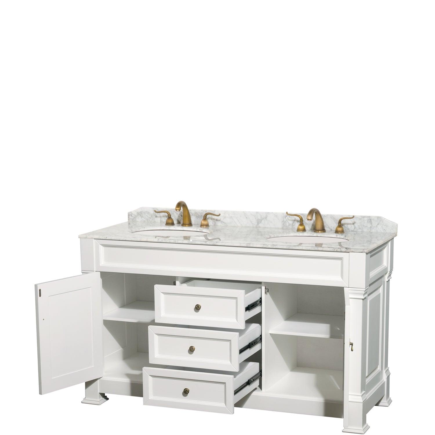 
  
  Wyndham Collection Andover Double Bathroom Vanity, White Carrara Marble Countertop, Undermount Oval Sinks and Optional Mirror
  
