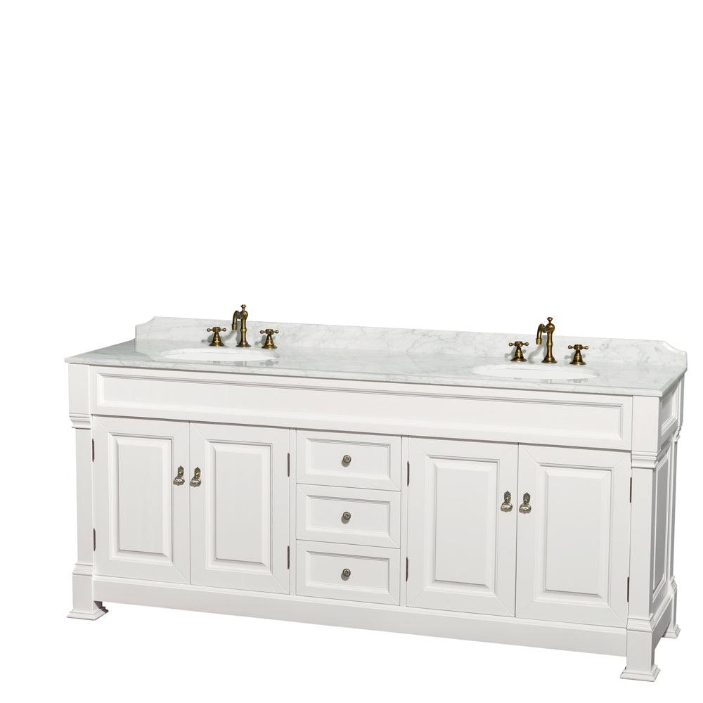 
  
  Wyndham Collection Andover Double Bathroom Vanity, White Carrara Marble Countertop, Undermount Oval Sinks and Optional Mirror
  
