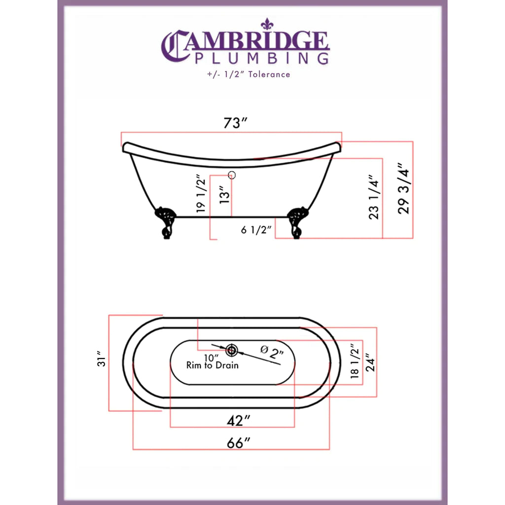 Cambridge Plumbing Extra Large Acrylic Double Slipper Clawfoot Tub, Optional Feet Finish - Sea & Stone Bath