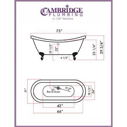 Cambridge Plumbing Extra Large Acrylic Double Slipper Clawfoot Tub, Optional Feet Finish - Sea & Stone Bath